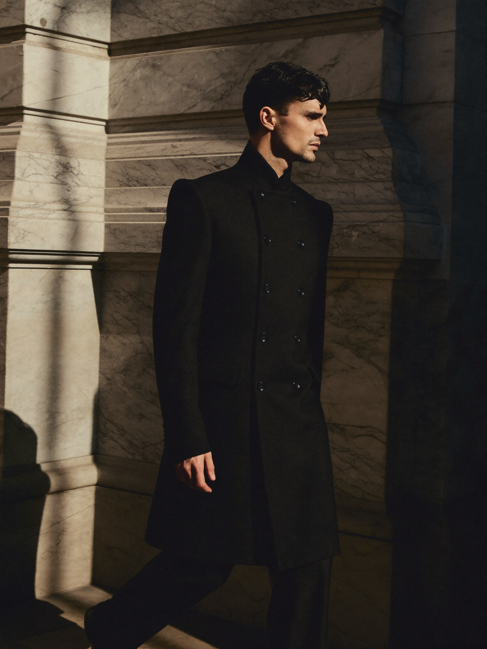 Orvane Double-Breasted Wool Coat in Black — editorial